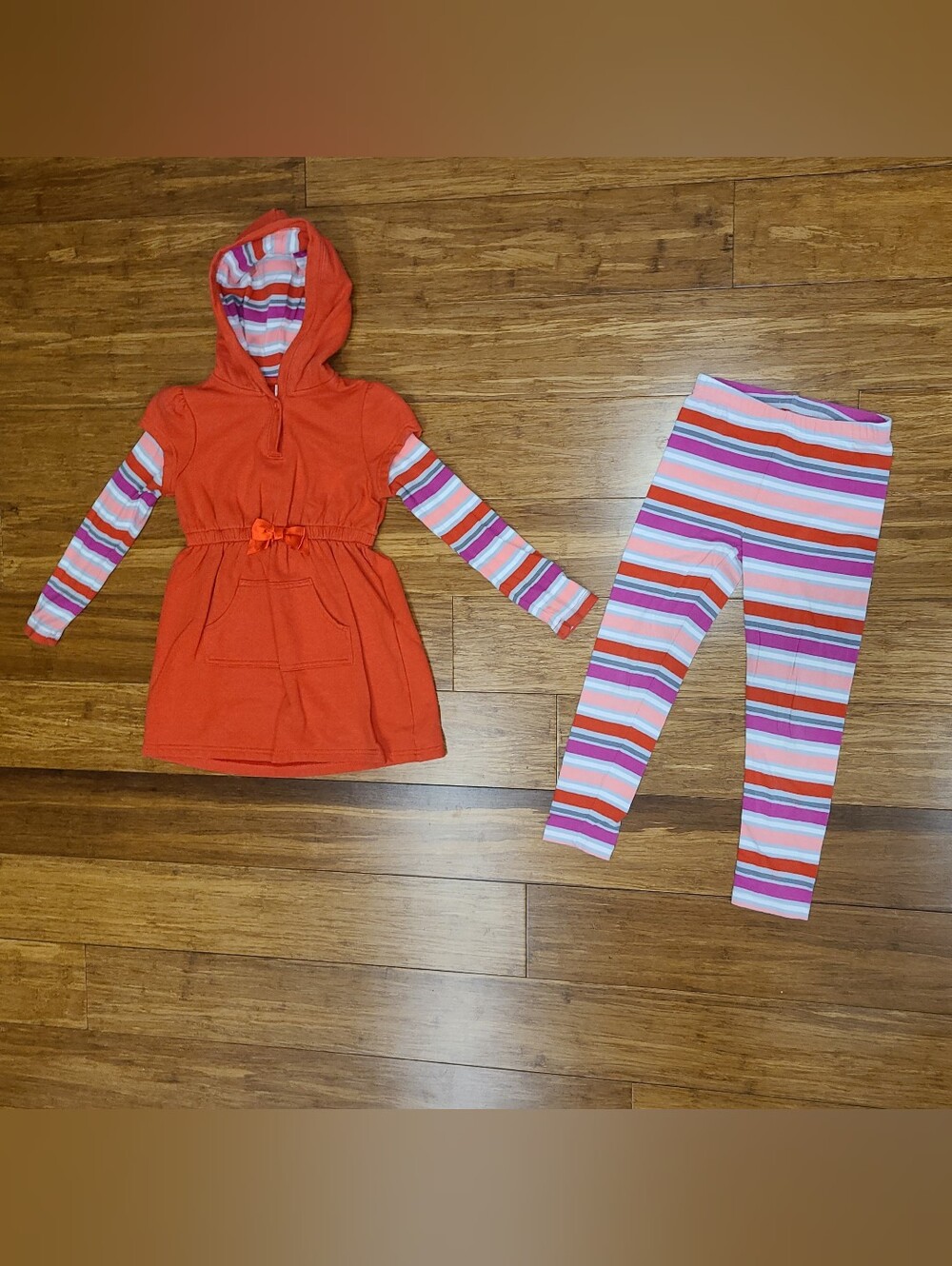 Gymboree Girls Sz 6 Hooded Sweatshirt Dress & Stripe Leggings Set Orange Pink